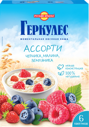 Изображение товара Каша овсяная ГЕРКУЛЕС Ассорти 4, с черникой, с малиной, с земляникой, 210г