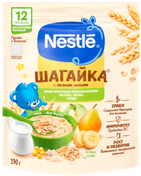Изображение товара Каша мультизлаковая NESTLE Шагайка молочная, с яблоком, бананом и грушей, с 12 месяцев, 190г