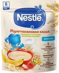 Каша мультизлаковая NESTLE молочная, с бананом и земляникой, с 8 месяцев, 200г