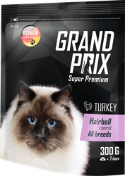 Изображение товара Корм сухой для взрослых кошек GRAND PRIX Hairball Индейка, для выведения шерсти из желудка, 300г