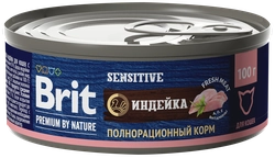 Корм консервированный для взрослых кошек BRIT Premium by Nature с мясом индейки, при чувствительном пищеварении, 100г