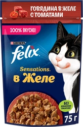 Корм влажный для взрослых кошек FELIX Sensations Говядина в желе с томатами, 75г