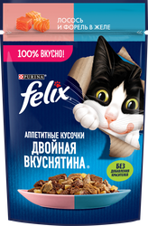 Корм влажный для взрослых кошек FELIX Двойная вкуснятина Лосось и форель в желе, 75г