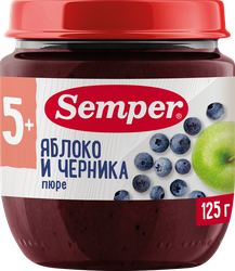 Изображение товара Пюре фруктово-ягодное SEMPER Яблоко и черника, с 5 месяцев, 125г