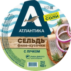 Изображение товара Сельдь АТЛАНТИКА филе-кусочки в масле с лучком, 400г