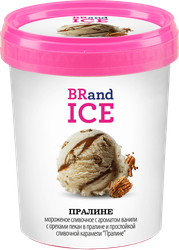 Мороженое BRAND ICE Пралине, сливочное ванильное с орехами пекан в 
глазури пралине и карамельной прослойкой 12%, без змж, пластиковый 
стакан, 600г