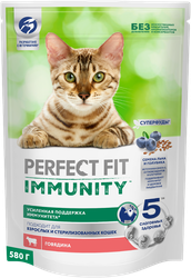 Изображение товара Корм сухой для кошек PERFECT FIT Immunity Говядина, семяна льна, голубика, 580г