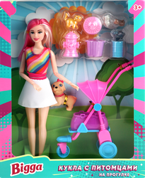 Изображение товара Набор игровой BIGGA Кукла с питомцами на прогулке, 10 предметов, Арт. CB961694