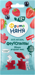 Кусочки фруктово-ягодные ФРУТОНЯНЯ Фрутопазлы, из яблок, клубники, малины и черной смородины, с 12 месяцев, 20г