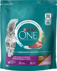 Корм сухой для кошек PURINA ONE с уткой и печенью, для привередливых к вкусу, 750г