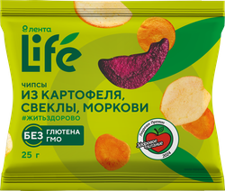 Изображение товара Чипсы овощные хрустящие ЛЕНТА LIFE Картофель, свекла и морковь, 25г
