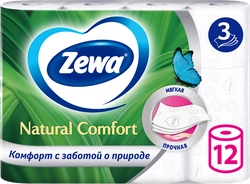 Бумага туалетная ZEWA Natural Comfort без аромата 3-слоя белая, 12шт