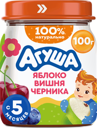 Изображение товара Пюре фруктово-ягодное детское АГУША Яблоко, вишня и черника, с 5 месяцев, 100г