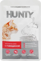 Корм консервированный для кошек HUNTY сочные кусочки в соусе c говядиной, 85г