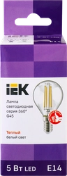 Лампа IEK LED шар 5Вт, 230В, 3000К, цоколь E14 360, Арт. LLF-G45-5-230-30-E14-CL