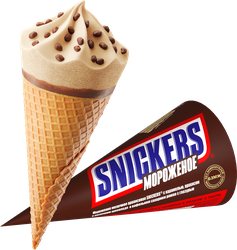 Изображение товара Мороженое SNICKERS Молочное арахисовое, с карамелью и арахисом в молочном шоколаде 5%, без змж, вафельный рожок, 69г