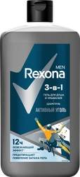 Гель для душа, умывания и шампунь мужской REXONA MEN Активный уголь 3в1, 750мл