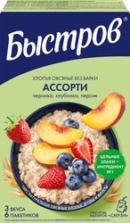 Изображение товара Хлопья овсяные БЫСТРОВ Ассорти, с черникой, с клубникой и с персиком, 
6х40г