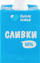 Изображение товара Сливки ультрапастеризованные ВЫБОР СЕМЬИ 10%, без змж, 500мл
