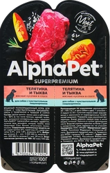 Корм влажный для собак ALPHAPET Superpemium Телятина и тыква мясные кусочки в соусе, с чувствительным пищеварением, 100г