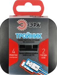 Разветвитель электрический ЭРА SP-4-USB-B на 4 розетки+2xUSB, 2400mA, без заземления, 10А, черный, Арт. Б0049536