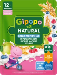 Каша мультизлаковая GIPOPO Natural молочная, со сливой, яблоком, малиной и черникой, с 12 месяцев, 200г