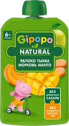 Пюре фруктово-овощное GIPOPO Яблоко, тыква, морковь и манго, с 6 месяцев, 90г