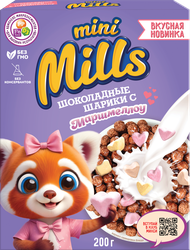 Изображение товара Готовый завтрак MINI MILLS Шарики кукурузные, шоколадные с маршмеллоу, 200г