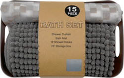 Изображение товара Набор для ванной 3 предмета: коврик 40x60см, шторка 180x180см + 12 
колец, корзинка, серый