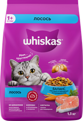 Изображение товара Корм сухой для взрослых кошек WHISKAS с лососем, 1,3кг