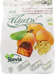 Изображение товара Конфеты ШИКОН Курага с грецким орехом в шоколадной глазури, без сахара, 150г