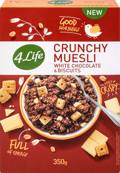 Изображение товара Мюсли хрустящие 4 LIFE с белым шоколадом и печеньем, 350г