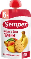 Изображение товара Пюре фруктовое SEMPER Персик и банан с печеньем, с 6 месяцев, 100г