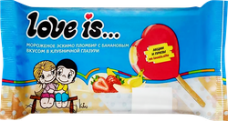Изображение товара Мороженое LOVE IS Пломбир с банановым вкусом в клубничной глазури 12%, без змж, эскимо, 65г
