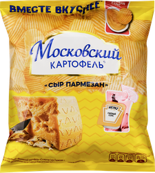 Изображение товара Чипсы картофельные МОСКОВСКИЙ КАРТОФЕЛЬ Рифленые, со вкусом сыра Пармезан и сырным соусом Heinz, 84,4г