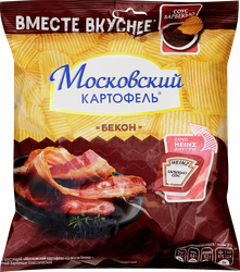 Изображение товара Чипсы картофельные МОСКОВСКИЙ КАРТОФЕЛЬ Рифленые, со вкусом бекона и соусом Heinz барбекю, 89г