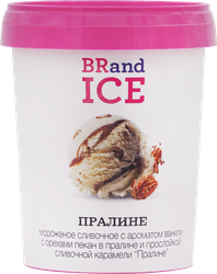 Мороженое BRAND ICE Пралине, сливочное ванильное с орехами пекан в глазури пралине и карамельной прослойкой 12%, без змж, пластиковый стакан, 300г