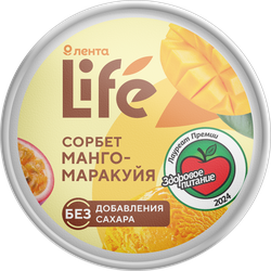 Десерт фруктовый взбитый ЛЕНТА LIFE Сорбет Манго-маракуйя, без сахара, пластиковый стаканчик, 80г