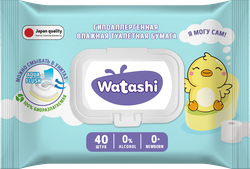 Изображение товара Бумага туалетная влажная детская WATASHI смываемая, 0+, 40шт