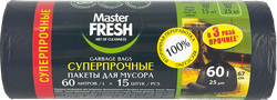 Изображение товара Пакеты для мусора MASTER FRESH суперпрочные, черные, 25мкм, усиленное дно, 60л, 15шт