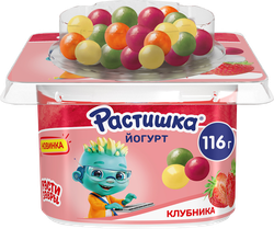 Изображение товара Йогурт РАСТИШКА Клубника злаковые драже со вкусом банан, апельсин 3%, без змж, 116г