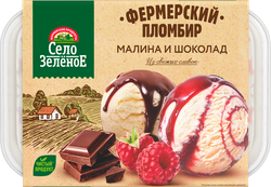 Изображение товара Мороженое СЕЛО ЗЕЛЁНОЕ Малина и шоколад, пломбир с шоколадным топингом и пломбир с малиной и малиновым топингом 15%, без змж, контейнер, 450г