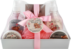 Изображение товара Набор подарочный: Гель для душа, 240мл+Пена для ванны, 240мл+Скраб для тела, 50мл+Лосьон для тела 50мл+Соль для ванны 100г+Мочалка, 1шт