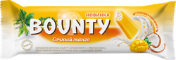 Изображение товара Мороженое BOUNTY Сочный манго, молочное с мякотью кокоса и кусочками манго в глазури 6,5%, без змж, батончик, 64г