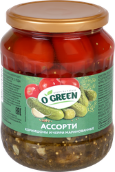 Изображение товара Ассорти маринованное O'GREEN корнишоны и томаты черри, 720мл
