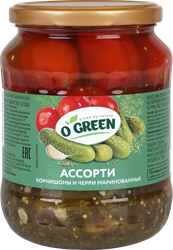 Изображение товара Ассорти маринованное O'GREEN корнишоны и томаты черри, 720мл