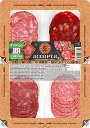 Изображение товара Колбаса сырокопченая МЯСНАЯ ИСТОРИЯ Сальчичон/Чоризо/Бордо/Салями, нарезка, 120г