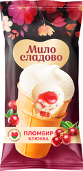 Изображение товара Мороженое МИЛОСЛАДОВО Пломбир с ароматом ванили с клюквенным припасом 15%, без змж, вафельный стаканчик, 90г