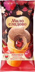 Изображение товара Мороженое МИЛОСЛАДОВО Пломбир шоколадный с перцем чили, черным перцем и вишневым припасом 15%, без змж, вафельный стаканчик, 90г