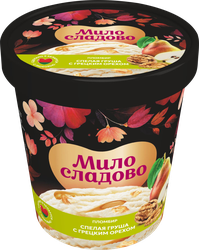 Изображение товара Мороженое МИЛОСЛАДОВО Пломбир с ароматом ванили, наполнителем груша и грецким орехом 15%, без змж, картонный стакан, 285г